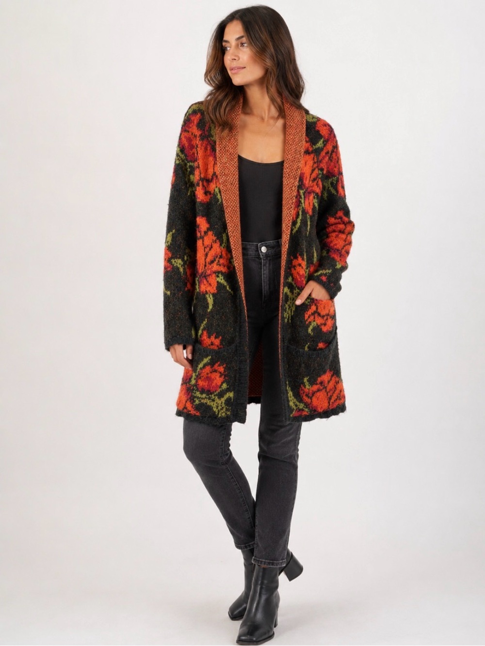 Free People Floral Longline Cardigan Sweater Black Red Orange XS